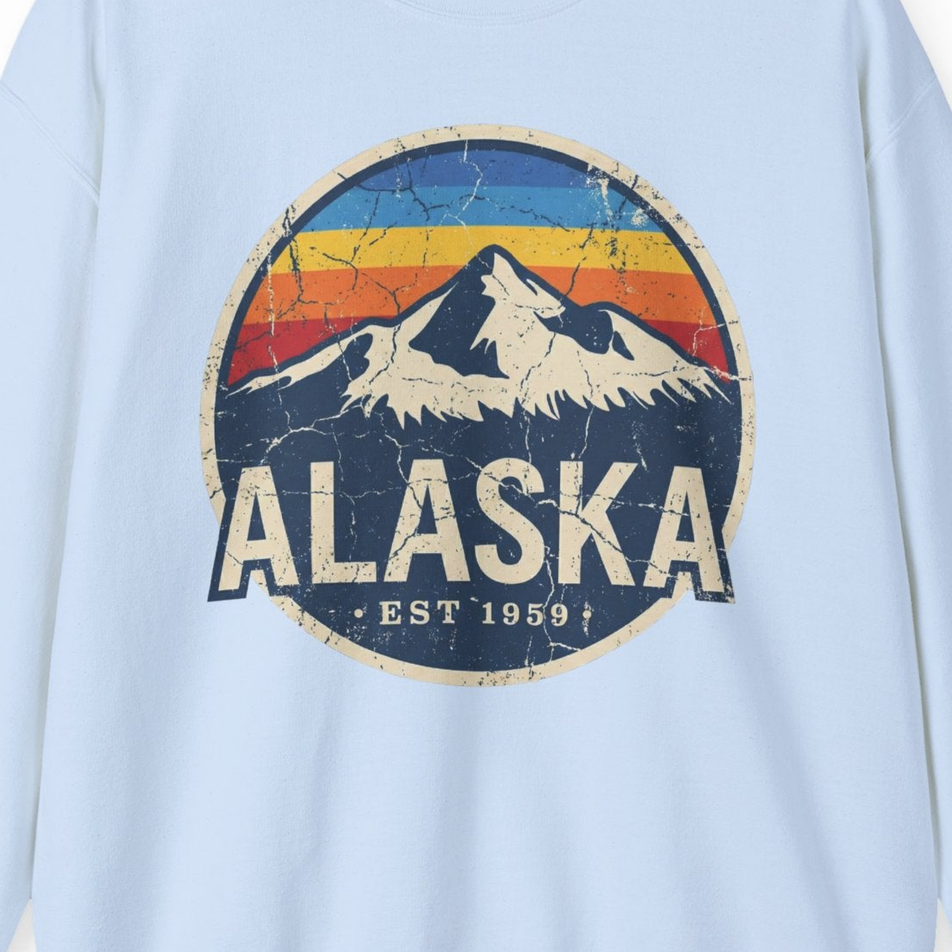 Alaska Vintage sweatshirt Sweatshirt – Light Blue – Alaska Cruise Shirts Close Up