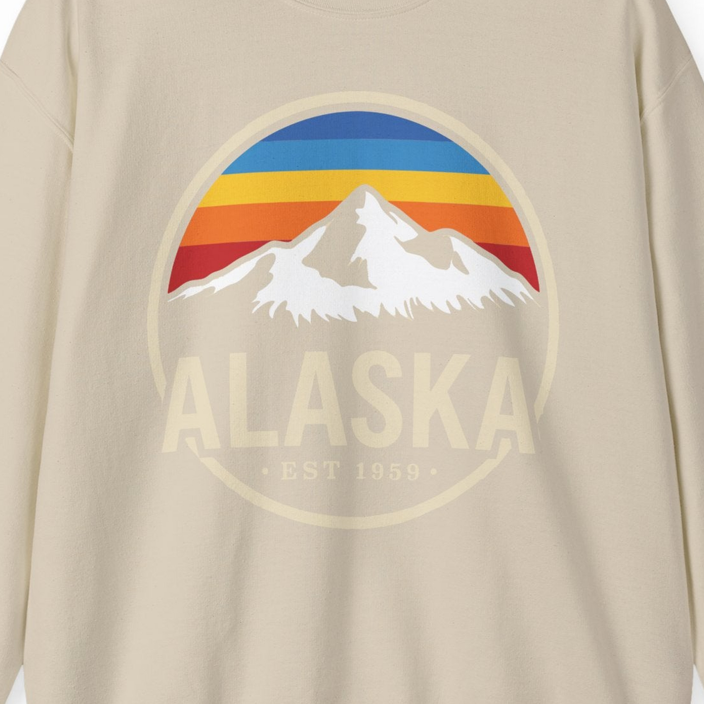 Alaska Vintage Mountain Sunset sweatshirt Sweatshirt – Sand – Alaska Cruise Shirts Close Up
