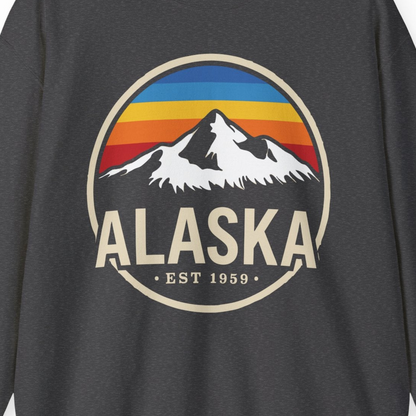 Alaska Vintage Mountain Sunset sweatshirt Sweatshirt – Dark Heather – Alaska Cruise Shirts Close Up