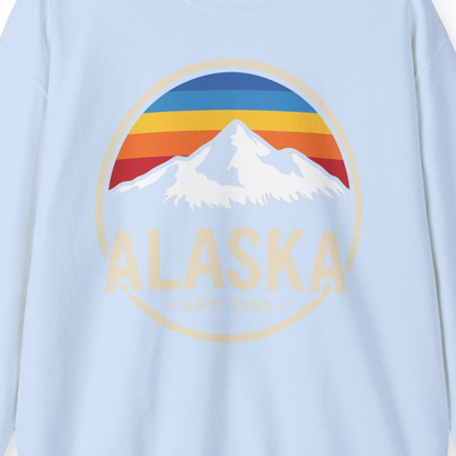 Alaska Vintage Mountain Sunset sweatshirt Sweatshirt – Light Blue – Alaska Cruise Shirts Close Up