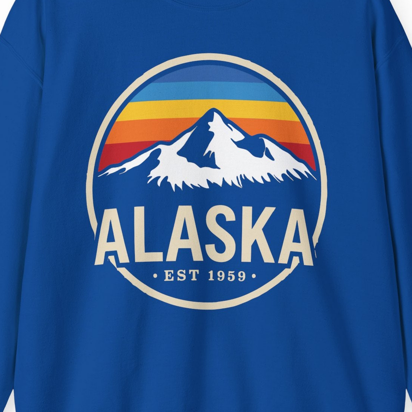 Alaska Vintage Mountain Sunset sweatshirt Sweatshirt – Royal – Alaska Cruise Shirts Close Up