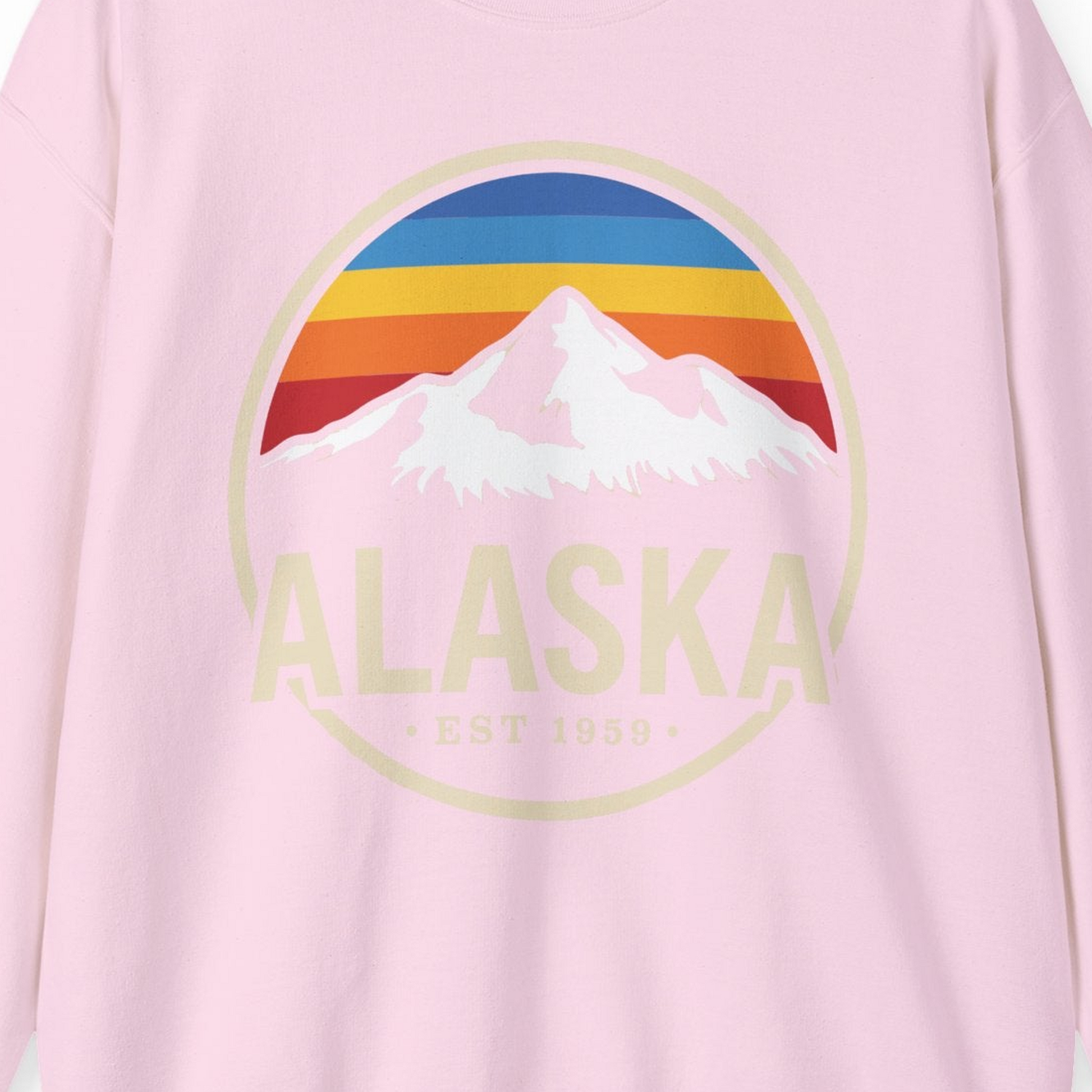 Alaska Vintage Mountain Sunset sweatshirt Sweatshirt – Light Pink – Alaska Cruise Shirts Close Up