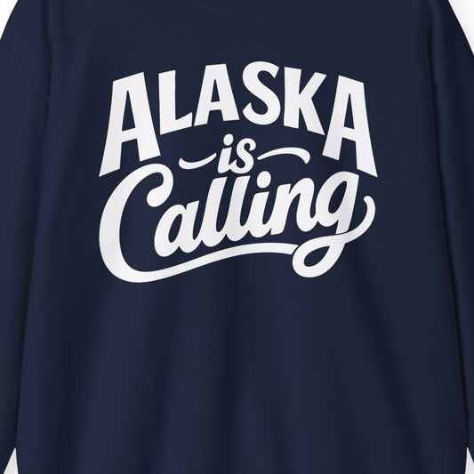 Alaska Is Calling sweatshirt Sweatshirt – Navy – Alaska Cruise Shirts Close Up