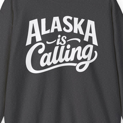 Alaska Is Calling sweatshirt Sweatshirt – Dark Heather – Alaska Cruise Shirts Close Up