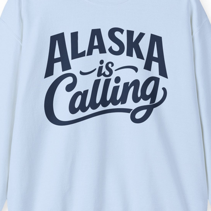 Alaska Is Calling sweatshirt Sweatshirt – Light Blue – Alaska Cruise Shirts Close Up