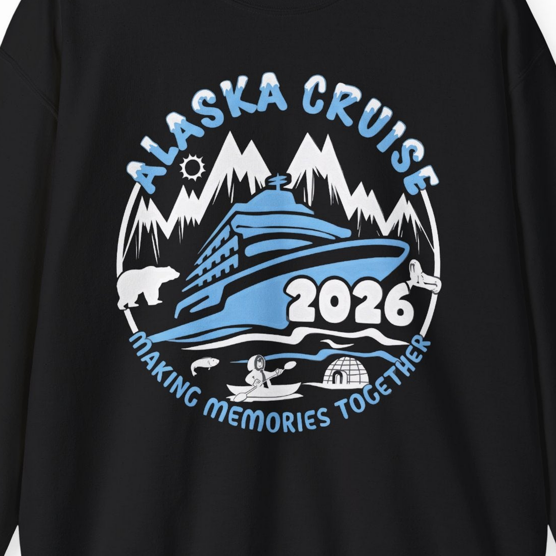 Alaska Cruise 2026 Family Adventure Shirt with Wildlife and Nature — Sweatshirt Sweatshirt – Black – Alaska Cruise Shirts Close Up