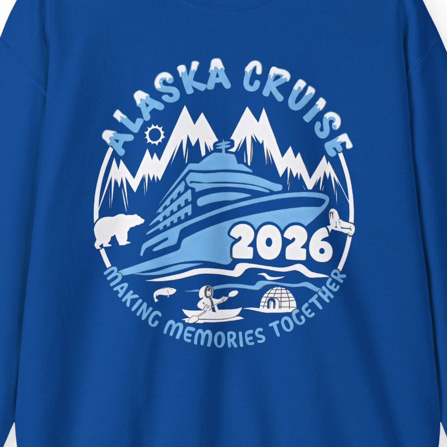 Alaska Cruise 2026 Family Adventure Shirt with Wildlife and Nature — Sweatshirt Sweatshirt – Royal – Alaska Cruise Shirts Close Up