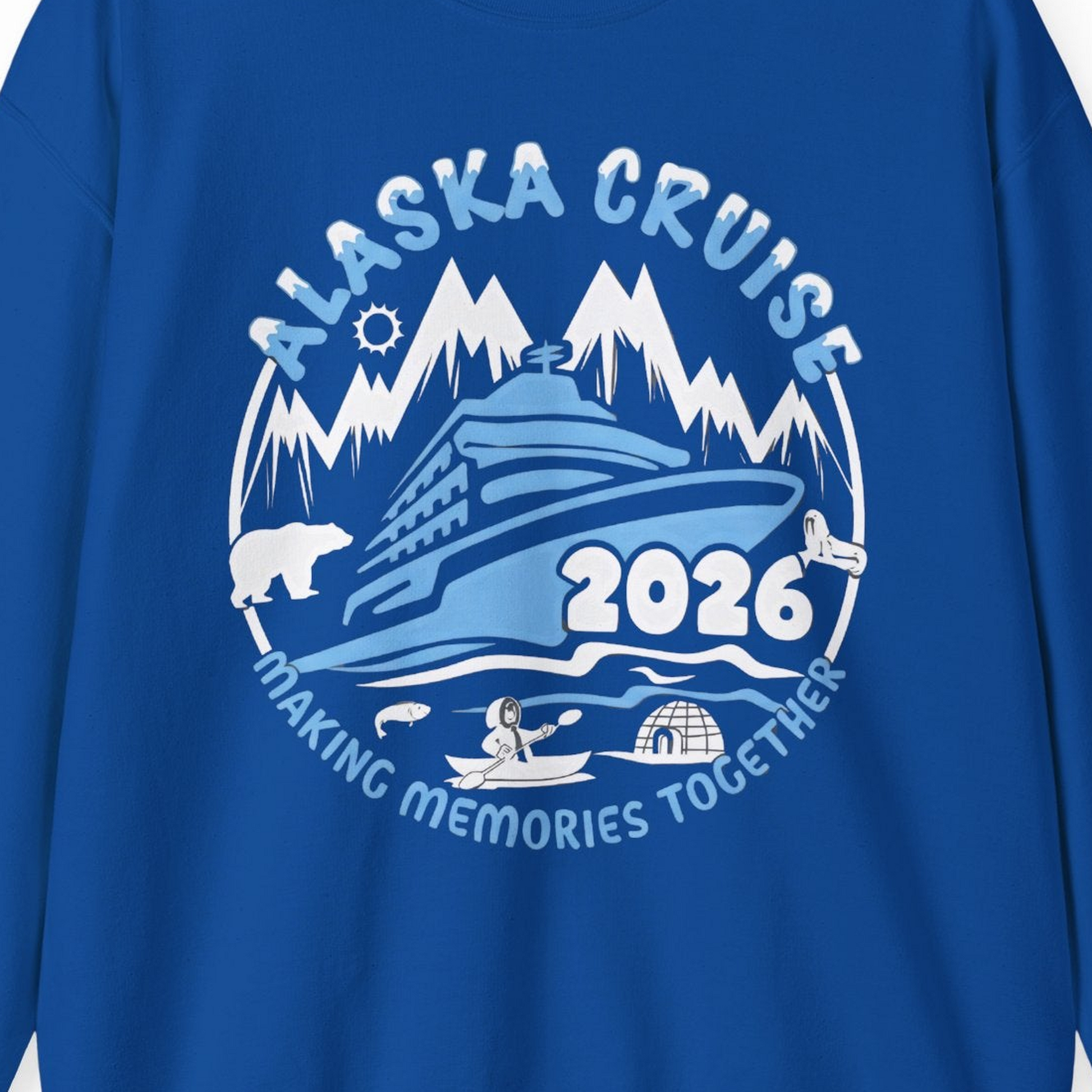 Alaska Cruise 2026 Family Adventure Shirt with Wildlife and Nature — Sweatshirt Sweatshirt – Royal – Alaska Cruise Shirts Close Up