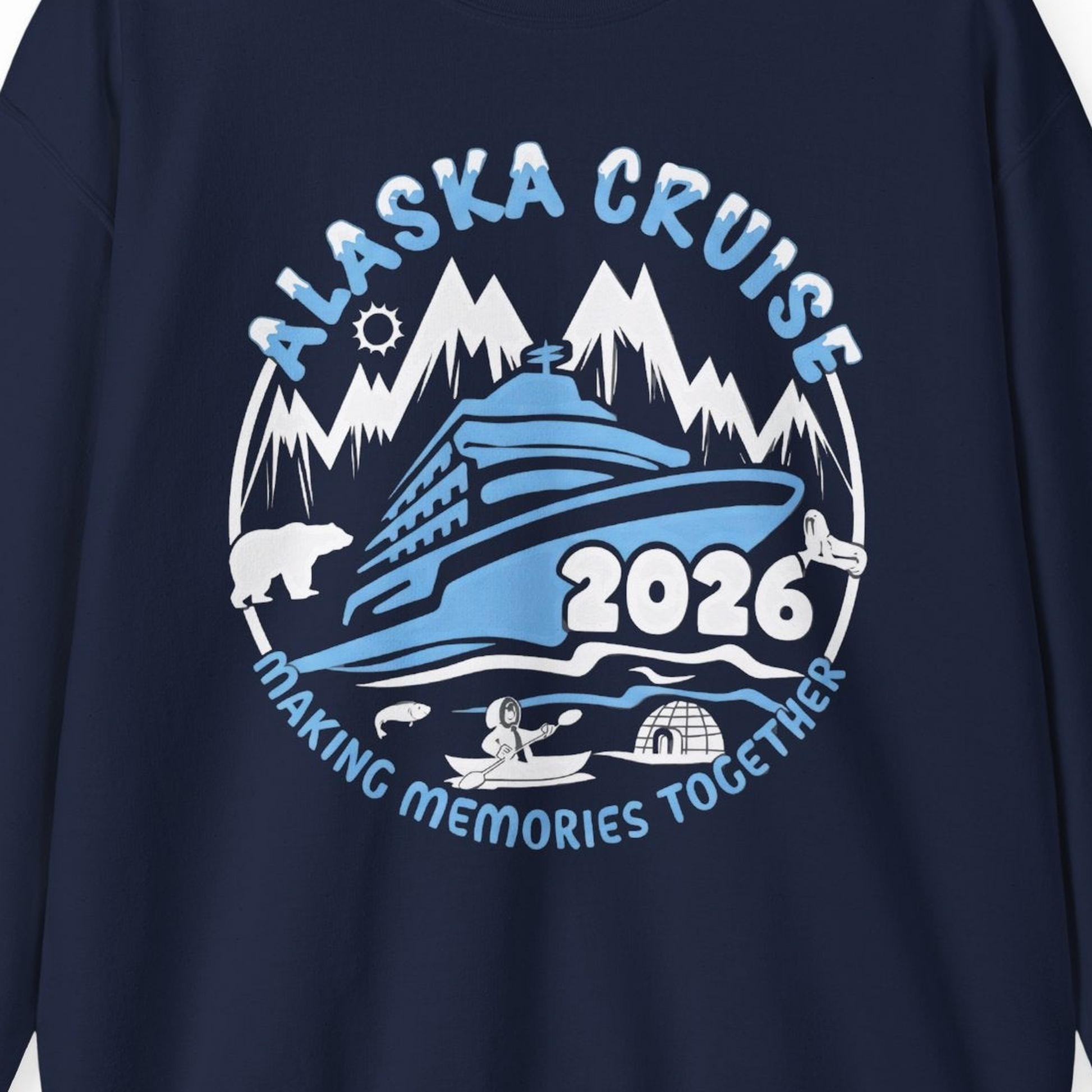 Alaska Cruise 2026 Family Adventure Shirt with Wildlife and Nature — Sweatshirt Sweatshirt – Navy – Alaska Cruise Shirts Close Up