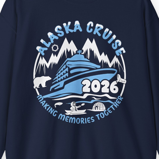 Alaska Cruise 2026 Family Adventure Shirt with Wildlife and Nature — Sweatshirt Sweatshirt – Navy – Alaska Cruise Shirts Close Up