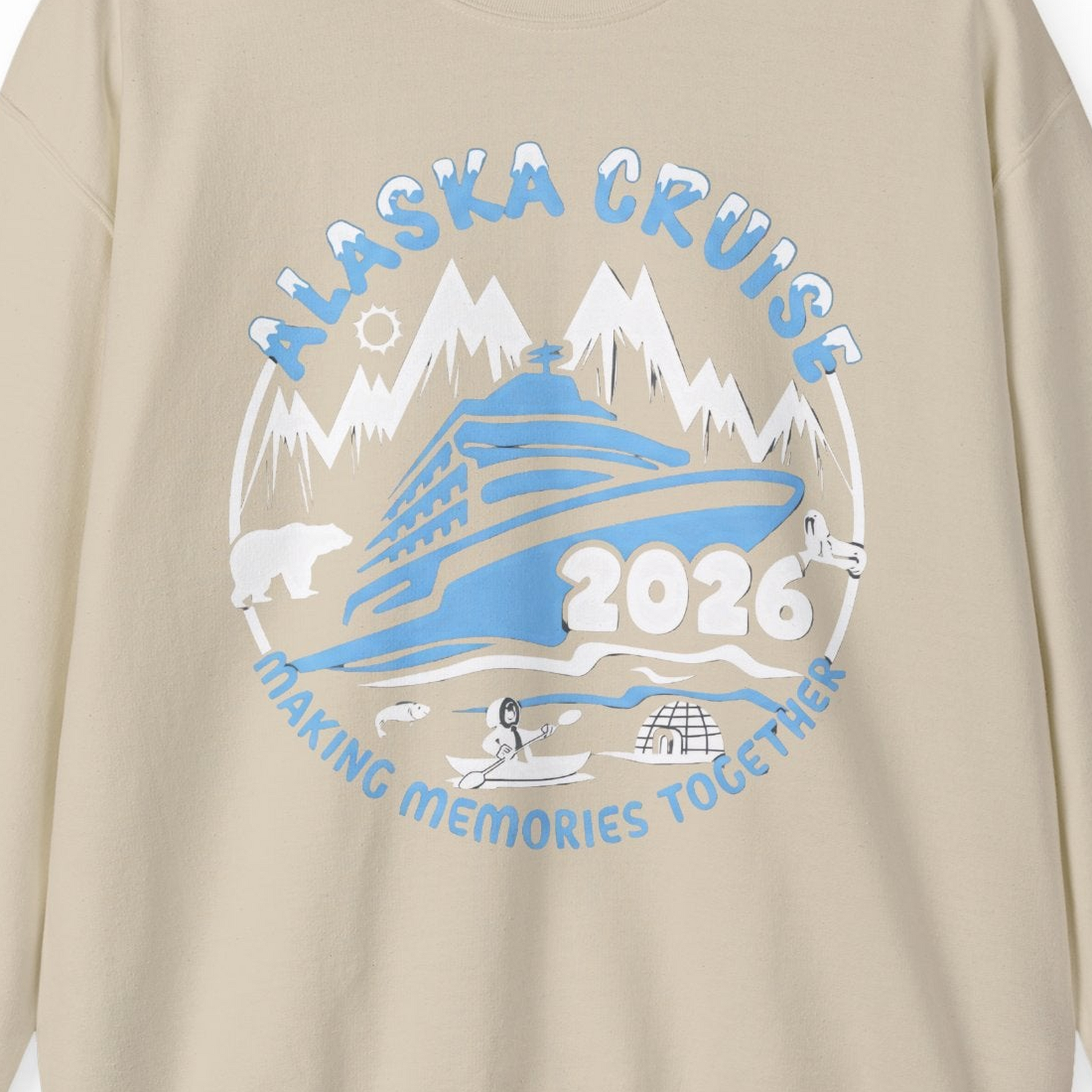 Alaska Cruise 2026 Family Adventure Shirt with Wildlife and Nature — Sweatshirt Sweatshirt – Sand – Alaska Cruise Shirts Close Up