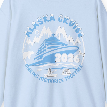 Alaska Cruise 2026 Family Adventure Shirt with Wildlife and Nature — Sweatshirt Sweatshirt – Light Blue – Alaska Cruise Shirts Close Up