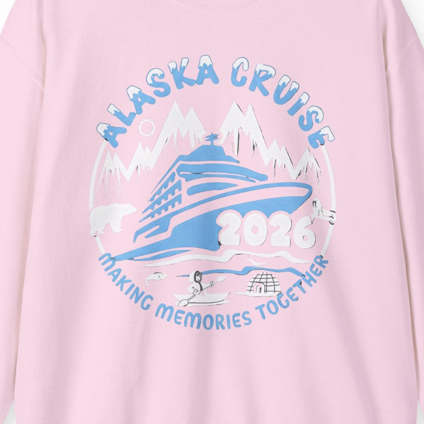 Alaska Cruise 2026 Family Adventure Shirt with Wildlife and Nature — Sweatshirt Sweatshirt – Light Pink – Alaska Cruise Shirts Close Up