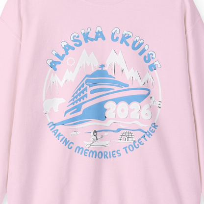 Alaska Cruise 2026 Family Adventure Shirt with Wildlife and Nature — Sweatshirt Sweatshirt – Light Pink – Alaska Cruise Shirts Close Up