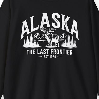 Alaska The Last Frontier Moose Mountain Wilderness Graphic Shirt — Sweatshirt Sweatshirt – Black – Alaska Cruise Shirts Close Up