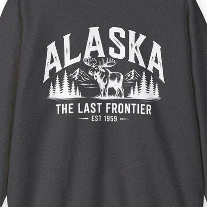 Alaska The Last Frontier Moose Mountain Wilderness Graphic Shirt — Sweatshirt Sweatshirt – Dark Heather – Alaska Cruise Shirts Close Up