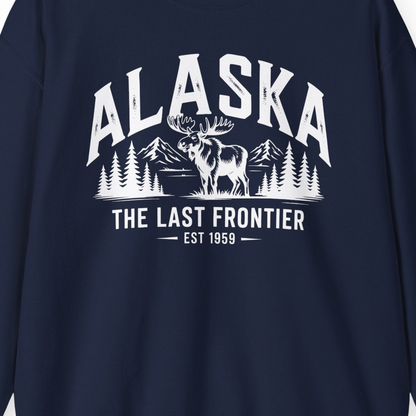 Alaska The Last Frontier Moose Mountain Wilderness Graphic Shirt — Sweatshirt Sweatshirt – Navy – Alaska Cruise Shirts Close Up