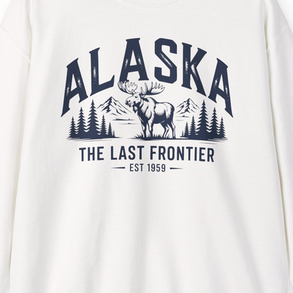 Alaska The Last Frontier Moose Mountain Wilderness Graphic Shirt — Sweatshirt Sweatshirt – White – Alaska Cruise Shirts Close Up