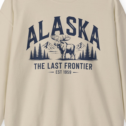 Alaska The Last Frontier Moose Mountain Wilderness Graphic Shirt — Sweatshirt Sweatshirt – Sand – Alaska Cruise Shirts Close Up