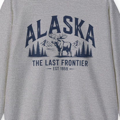 Alaska The Last Frontier Moose Mountain Wilderness Graphic Shirt — Sweatshirt Sweatshirt – Sport Grey – Alaska Cruise Shirts Close Up