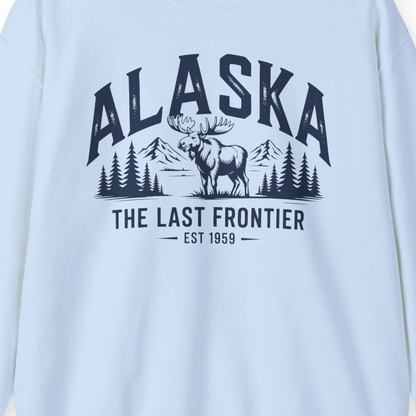 Alaska The Last Frontier Moose Mountain Wilderness Graphic Shirt — Sweatshirt Sweatshirt – Light Blue – Alaska Cruise Shirts Close Up