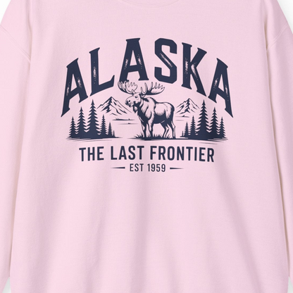Alaska The Last Frontier Moose Mountain Wilderness Graphic Shirt — Sweatshirt Sweatshirt – Light Pink – Alaska Cruise Shirts Close Up