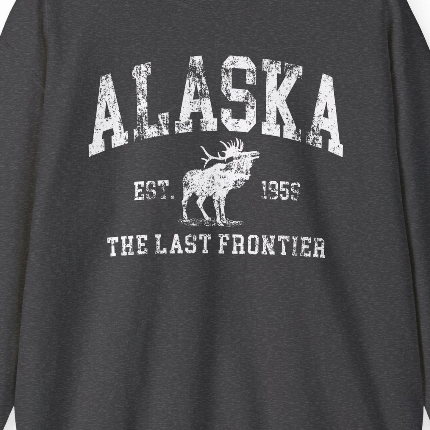 Vintage Alaska Moose Shirt Sweatshirt – Dark Heather – Alaska Cruise Shirts Close Up