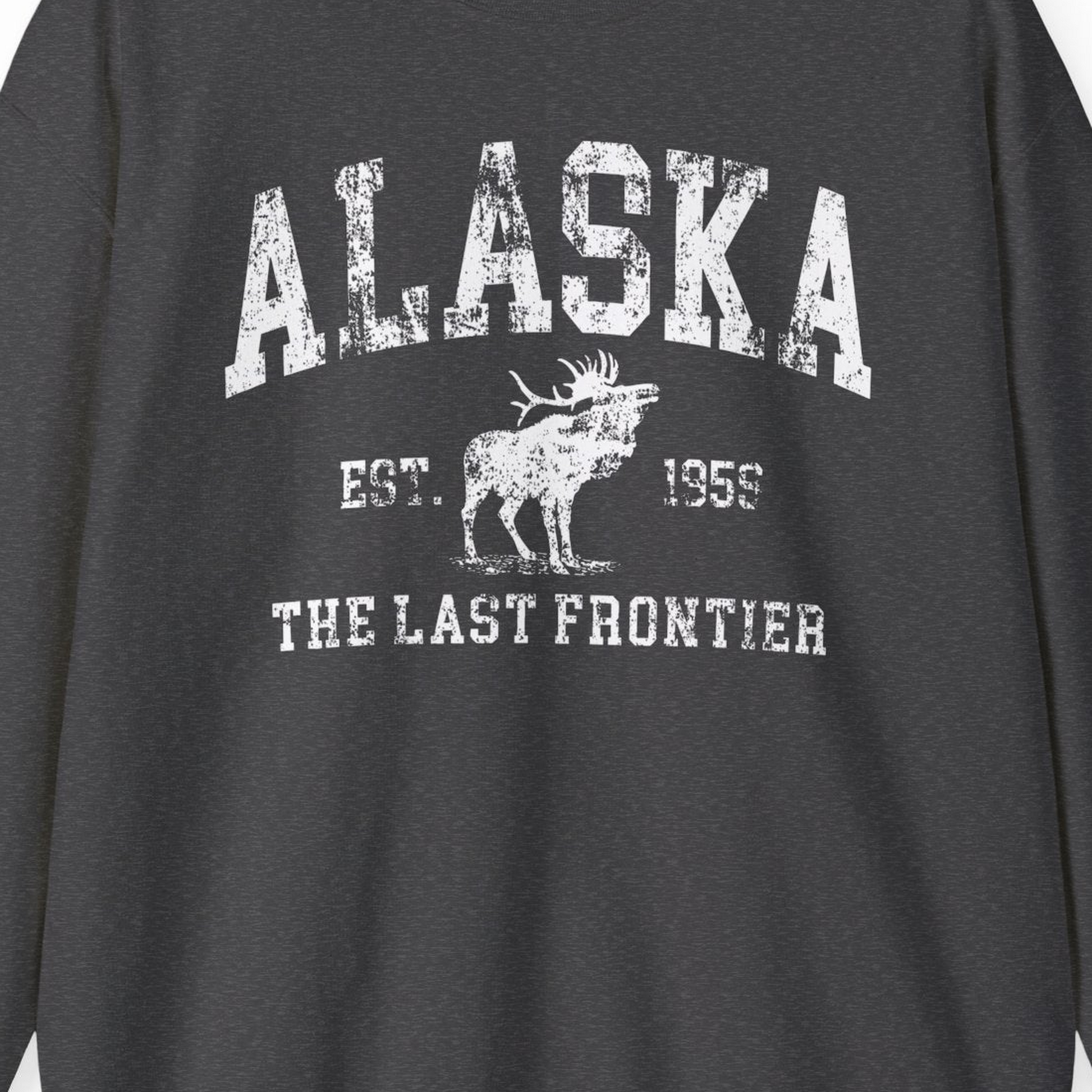 Vintage Alaska Moose Shirt Sweatshirt – Dark Heather – Alaska Cruise Shirts Close Up
