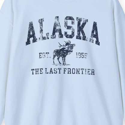 Vintage Alaska Moose Shirt Sweatshirt – Light Blue – Alaska Cruise Shirts Close Up