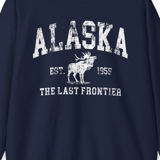 Vintage Alaska Moose Shirt Sweatshirt – Navy – Alaska Cruise Shirts Close Up