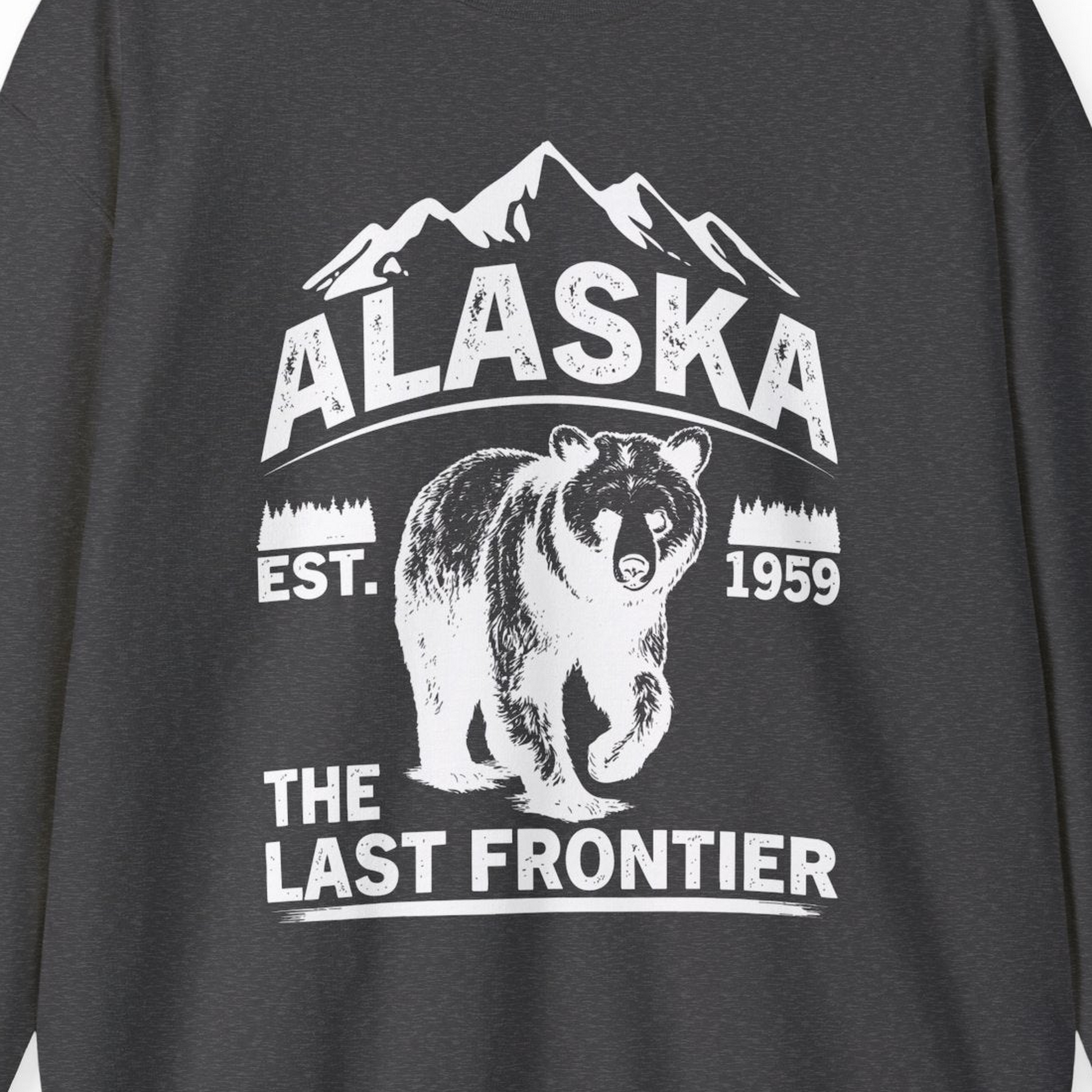Alaska Bear Shirt Sweatshirt – Dark Heather – Alaska Cruise Shirts Close Up