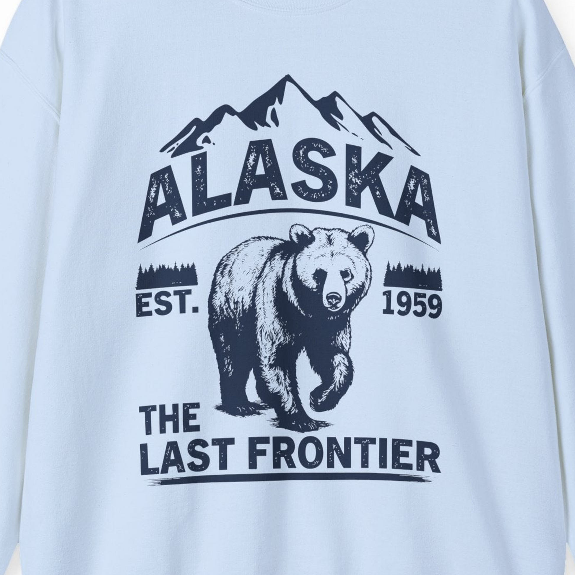 Alaska Bear Shirt Sweatshirt – Light Blue – Alaska Cruise Shirts Close Up