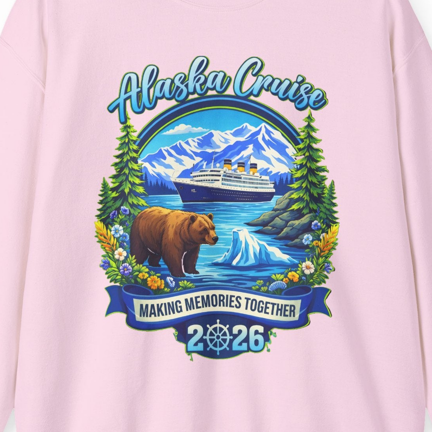 Alaska Cruise 2026 Family sweatshirt Sweatshirt – Light Pink – Alaska Cruise Shirts Close Up