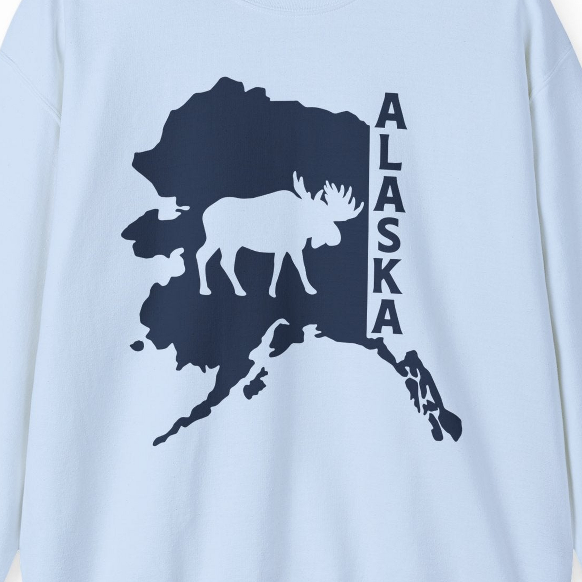 Alaska Moose Silhouette Shirt Sweatshirt – Light Blue – Alaska Cruise Shirts Close Up