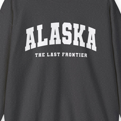 Alaska The Last Frontier Bold Collegiate Vintage State Pride Shirt — Sweatshirt Sweatshirt – Dark Heather – Alaska Cruise Shirts Close Up