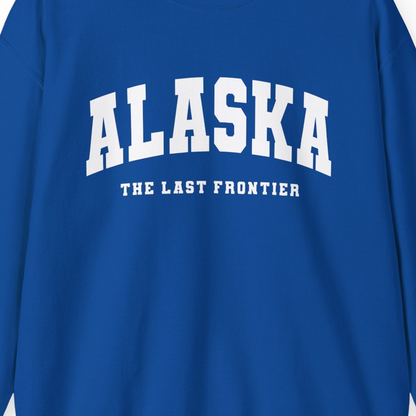 Alaska The Last Frontier Bold Collegiate Vintage State Pride Shirt — Sweatshirt Sweatshirt – Royal – Alaska Cruise Shirts Close Up
