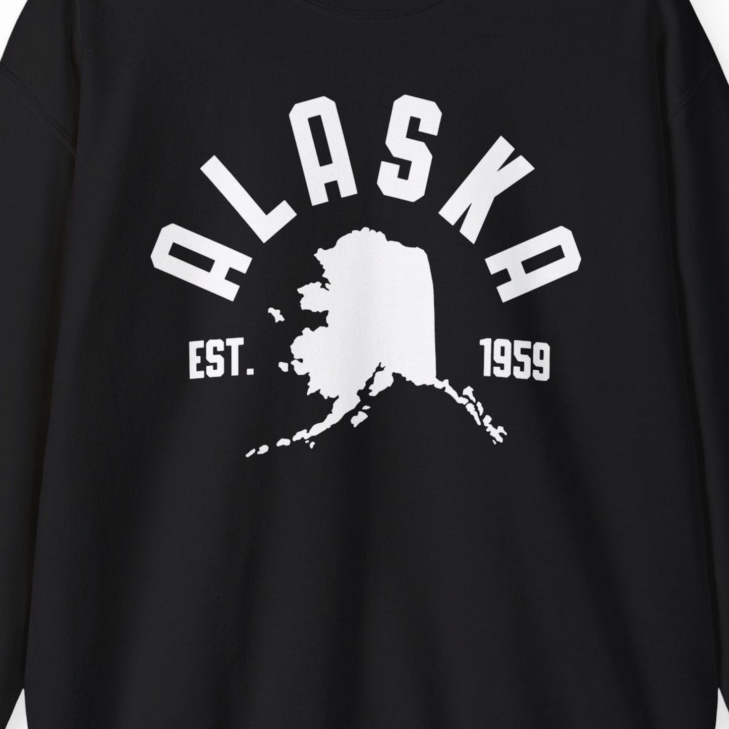 Vintage Alaska State Outline Est 1959 Retro Collegiate Shirt — Sweatshirt Sweatshirt – Black – Alaska Cruise Shirts Close Up