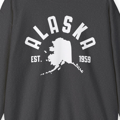 Vintage Alaska State Outline Est 1959 Retro Collegiate Shirt — Sweatshirt Sweatshirt – Dark Heather – Alaska Cruise Shirts Close Up