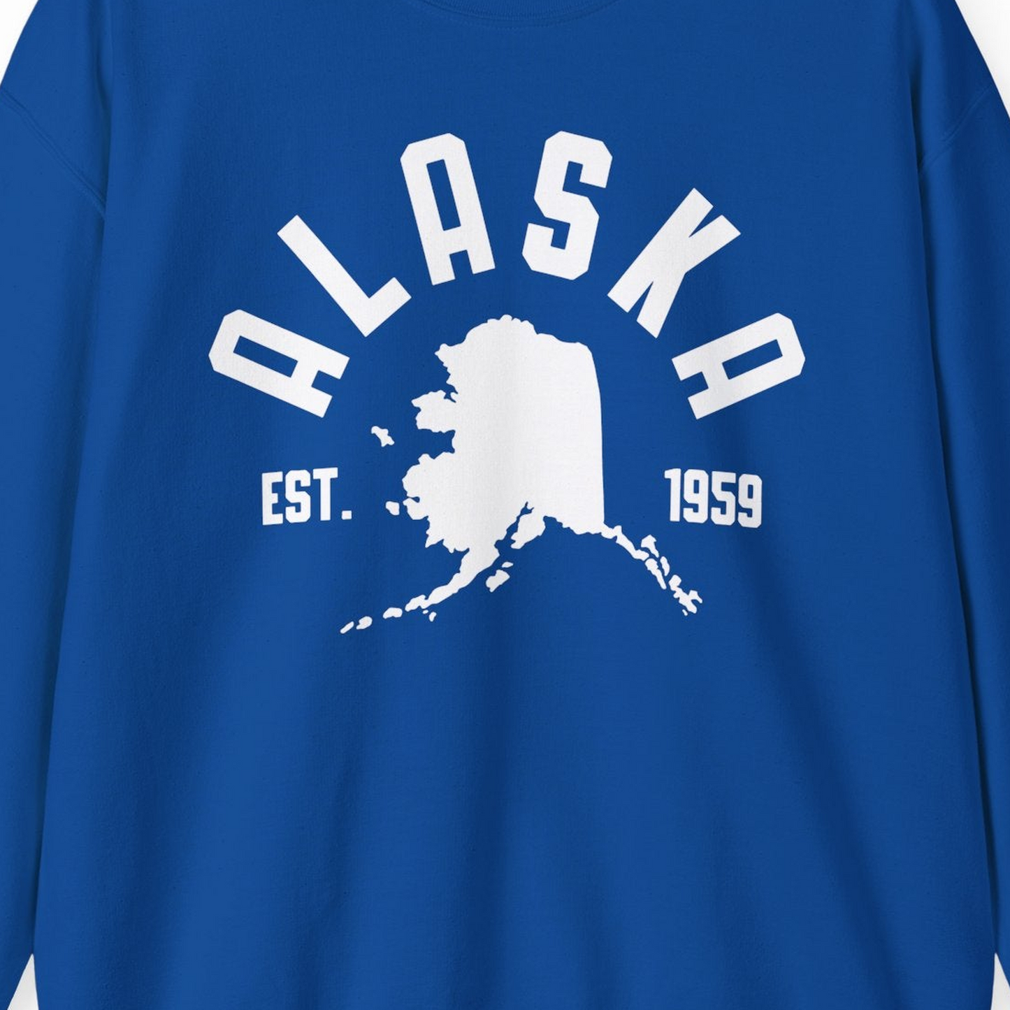 Vintage Alaska State Outline Est 1959 Retro Collegiate Shirt — Sweatshirt Sweatshirt – Royal – Alaska Cruise Shirts Close Up