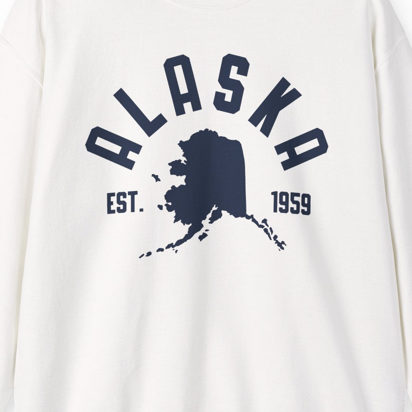 Vintage Alaska State Outline Est 1959 Retro Collegiate Shirt — Sweatshirt Sweatshirt – White – Alaska Cruise Shirts Close Up