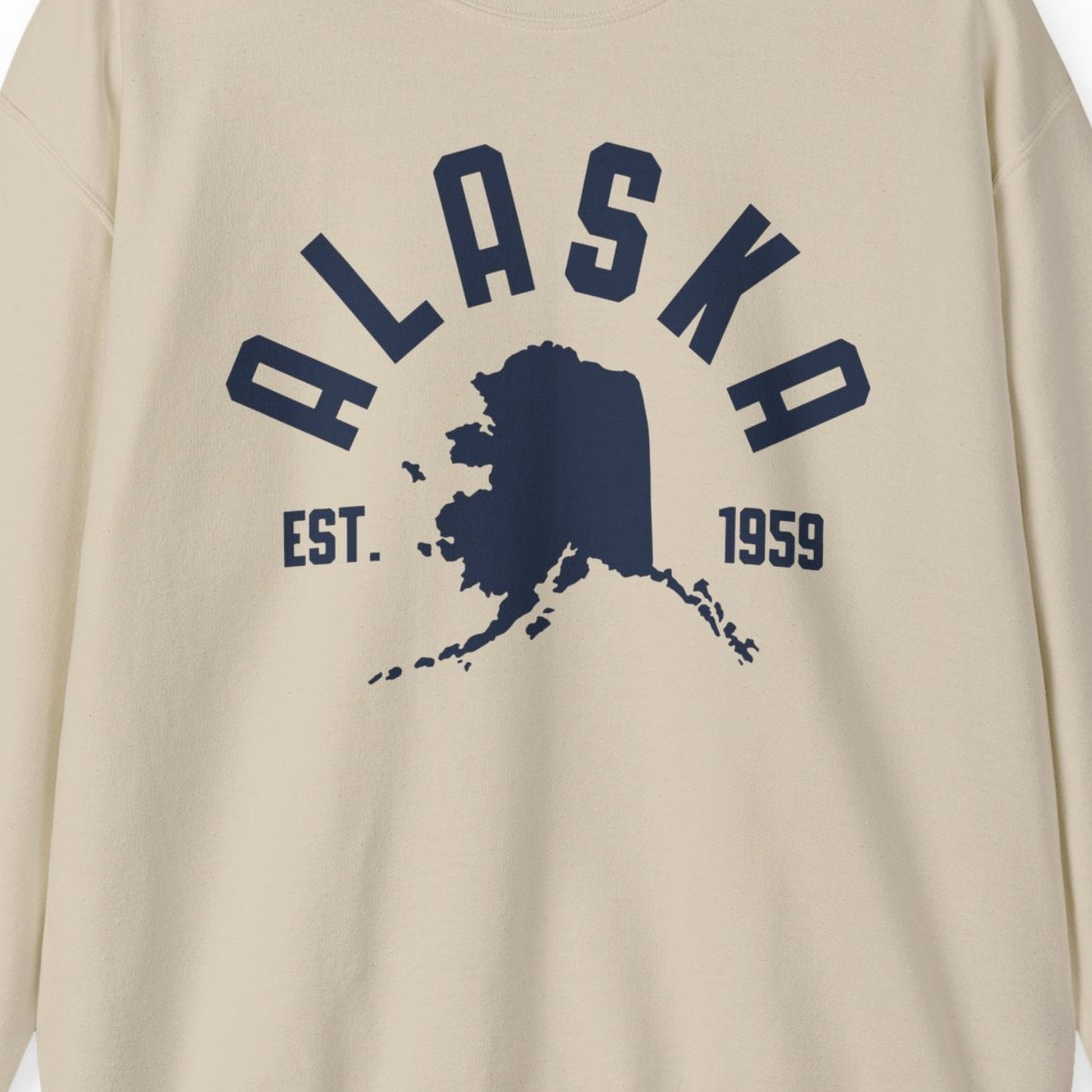Vintage Alaska State Outline Est 1959 Retro Collegiate Shirt — Sweatshirt Sweatshirt – Sand – Alaska Cruise Shirts Close Up