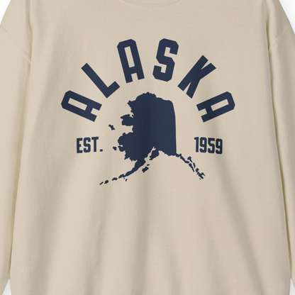 Vintage Alaska State Outline Est 1959 Retro Collegiate Shirt — Sweatshirt Sweatshirt – Sand – Alaska Cruise Shirts Close Up