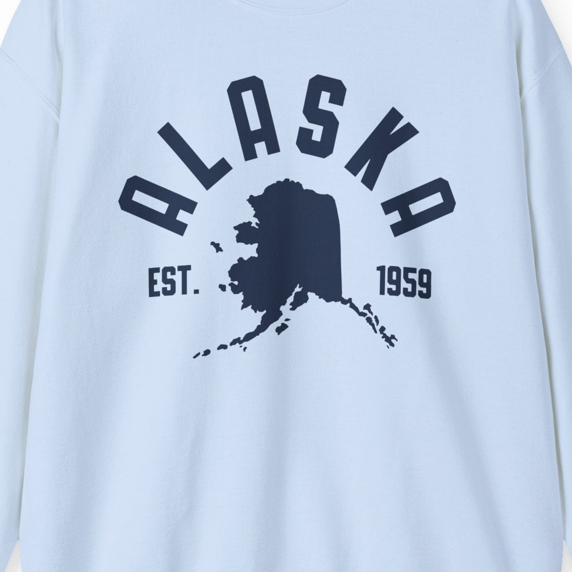 Vintage Alaska State Outline Est 1959 Retro Collegiate Shirt — Sweatshirt Sweatshirt – Light Blue – Alaska Cruise Shirts Close Up