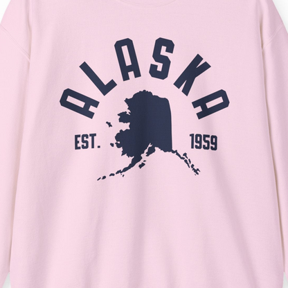 Vintage Alaska State Outline Est 1959 Retro Collegiate Shirt — Sweatshirt Sweatshirt – Light Pink – Alaska Cruise Shirts Close Up
