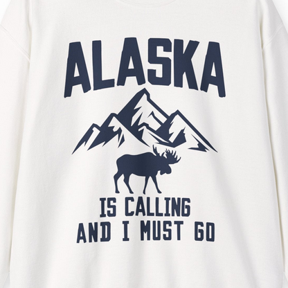 Alaska Is Calling Moose Mountains Adventure Silhouette Nature Shirt — Sweatshirt Sweatshirt – White – Alaska Cruise Shirts Close Up