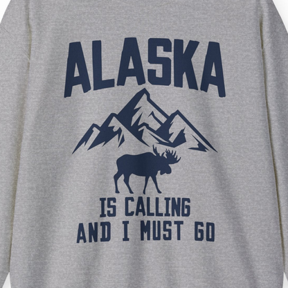 Alaska Is Calling Moose Mountains Adventure Silhouette Nature Shirt — Sweatshirt Sweatshirt – Sport Grey – Alaska Cruise Shirts Close Up