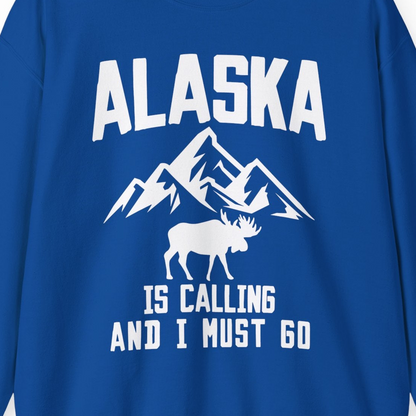 Alaska Is Calling Moose Mountains Adventure Silhouette Nature Shirt — Sweatshirt Sweatshirt – Royal – Alaska Cruise Shirts Close Up