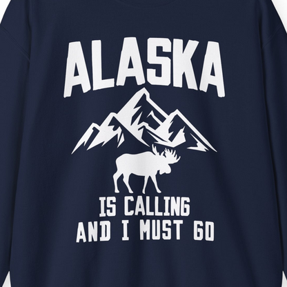 Alaska Is Calling Moose Mountains Adventure Silhouette Nature Shirt — Sweatshirt Sweatshirt – Navy – Alaska Cruise Shirts Close Up