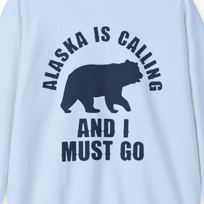 Alaska Is Calling Bear Silhouette Adventure Shirt Sweatshirt – Light Blue – Alaska Cruise Shirts Close Up