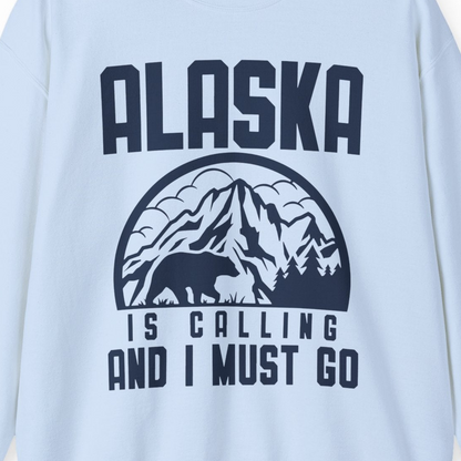 Alaska Is Calling Shirt Sweatshirt – Light Blue – Alaska Cruise Shirts Close Up